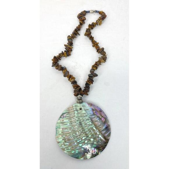 Vintage Abalone Medallion Disc Necklace Tigers Eye chips polished stones Brown - Picture 2 of 12